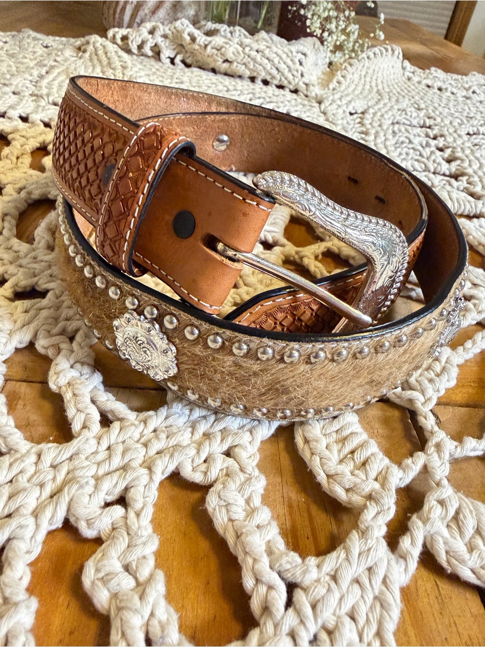 Ranger Belt Company Western Cowhide Hair On Hide Tooled Leather Belt 38